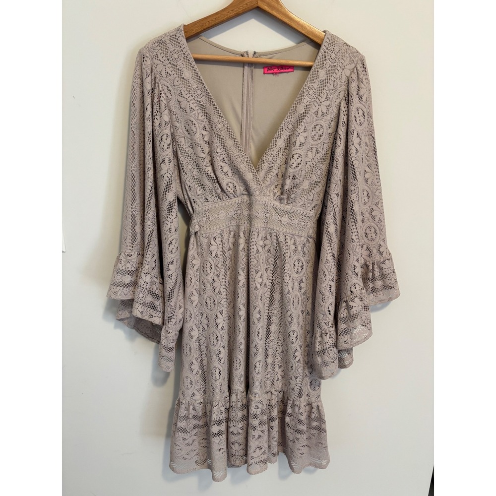 Betsey Johnson Taupe Lace V-Neck Bell Sleeve Ruffle Mini Dress Boho Romantic M/L
